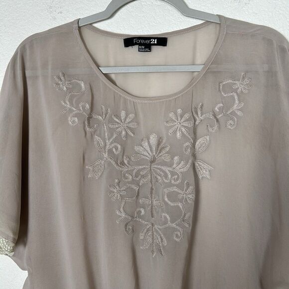 Forever 21 sheer SzM embroidery chiffon top feminine Coquette Boho chic smocked - Picture 2 of 10